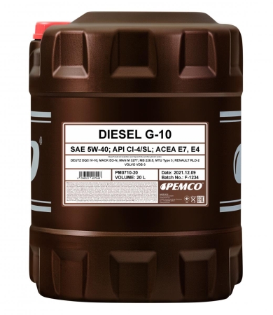 Моторное масло PEMCO DIESEL G-10 UHPD 5W-40 CI-4/SL синтетическое, 20л (PM0710-20)